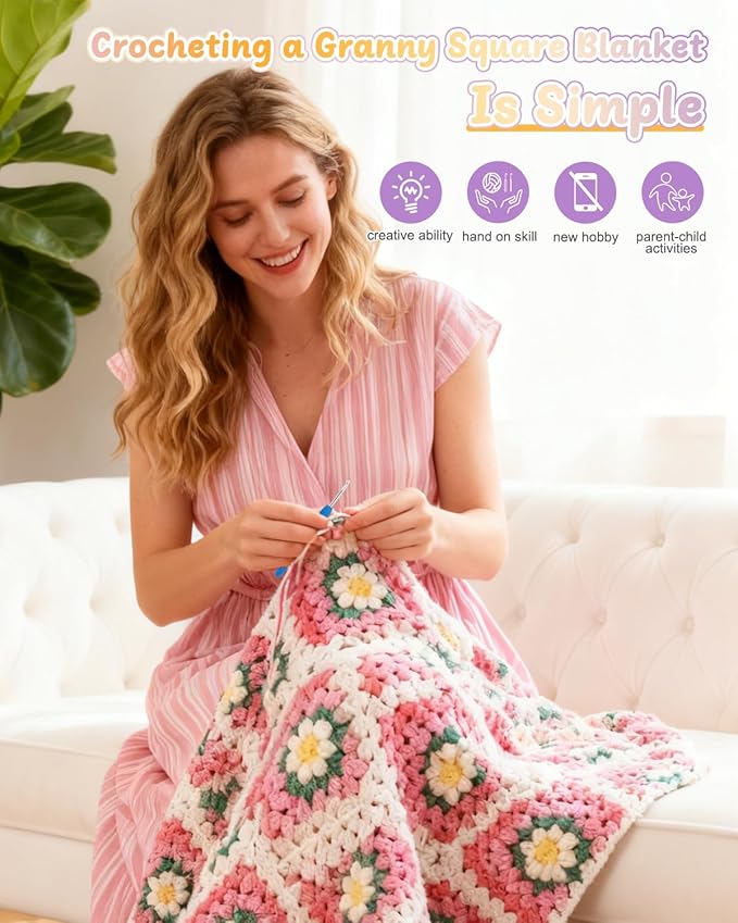 Coopay 3D Blanket Crochet Kit for Beginners, All-in-One Granny Square Blanket Kit with Step-by-Step Video & Enough Yarns - Master 3D Granny Square Crocheting Easily, Ideal Gift for Craft Lovers (Pink)