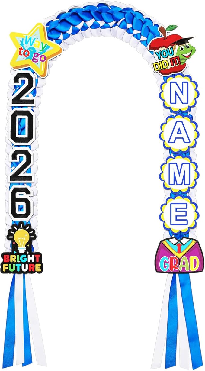 Juexica Kindergarten Graduation Ribbon Leis Class of 2026 Braided Necklace Making Kit with Alphabetic Decorative Cards Preschool Kids Grad Graduation Party Gifts(Blue, White)