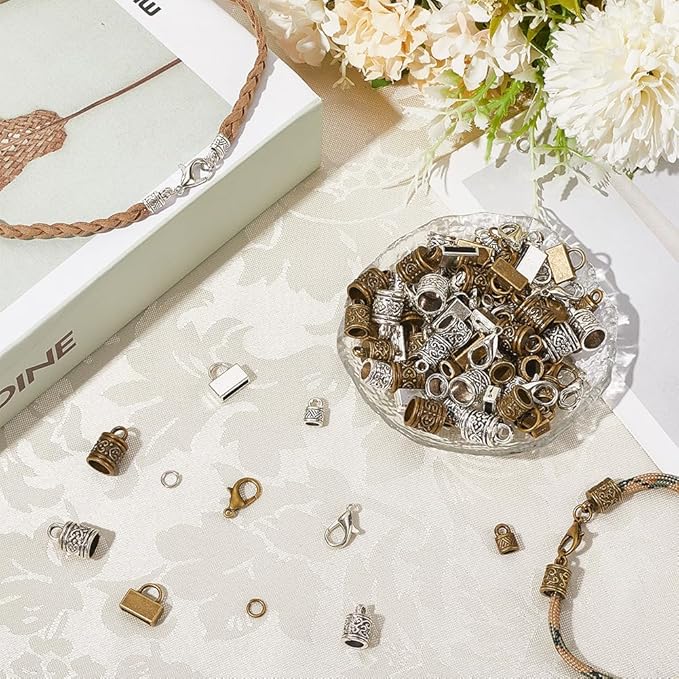 SUNNYCLUE 1 Box 240pcs Cord End Caps Kumihimo Cord Ends Alloy Metal Antique Silver Bronze Leather Crimp Kumihimo Cords Tips with Lobster Clasp Jump Rings for Jewelry Making Kit Bracelets Necklaces