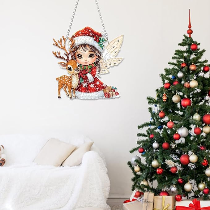 Miwixy Christmas Hanging Diamond Art Kits for Adults,Xmas Deer Special Shaped Crystal Fairy Diamond Painting Ornament Kit DIY Double-Sided Pattern Window Pendant Gem Art Kit for Home Wall Decor