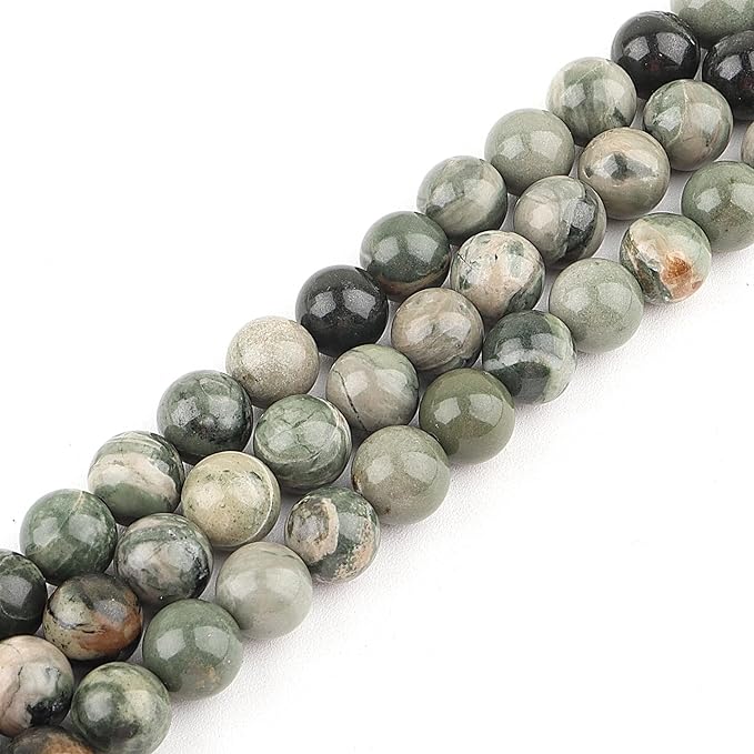 8mm Natural Stone Beads for Jewelry Making - Gemstone Round Loose Beads for Bracelets(45-48pcs, Green Grain Stone)