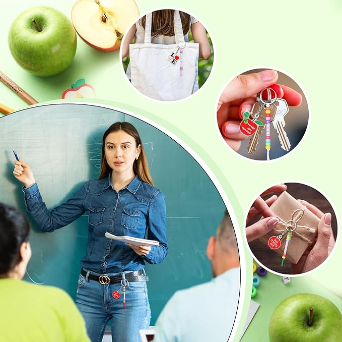 Suncalla 984 Pcs 24 Set Teacher Appreciation Gifts Keychain Making Kit DIY Cute Apple Charm Beads Key Chain Crafts Thank You for All You Do Adjustable Letter Cards Strings Kit Teacher Day Gift