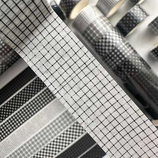YUBX Black Grid Washi Tape Set 8 Rolls Plaid Decorative Masking Tapes for Arts, DIY Crafts, Journals, Planners, Scrapbook, Wrapping