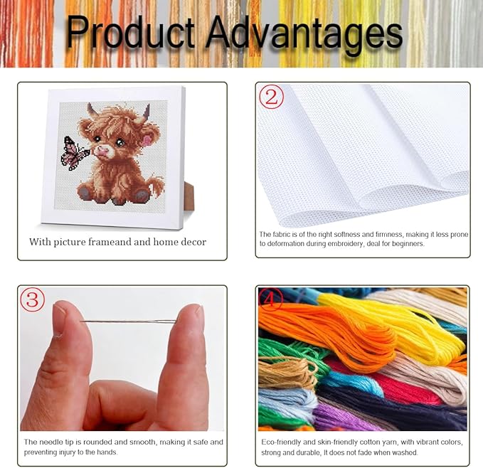 Cross Stitch Kits For Adults Beginners,Highland Cattle Stamped Cross Stitch Kits with Wooden Framed,Embroidery Kit For Beginners,Partial 11CT Cross-Stitch Arts and Crafts For Adults 7.9x7.9inch