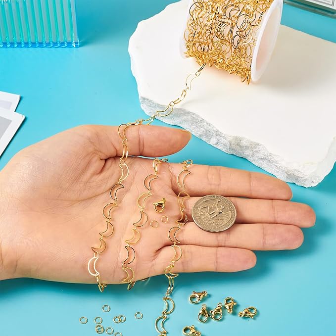 Sparkeads 9.84 Feet(3m) Golden Chain for Jewelry Making,Brass Hollow Moon Link Chains,Golden Link Necklaces for Women, Cable Chain for Bracelet DIY Earring Craft Jewelry Making Kits,10x6x1mm