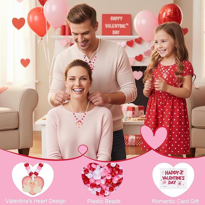 Bafeil 24-Set Valentine's Day Beads Necklaces Bulk Crafts Kit - Red Pink Pony Beads with Cute Wooden Charms, DIY Beaded Necklaces Heart for Party Favors Classroom Goodie Bags Stuffers Gifts