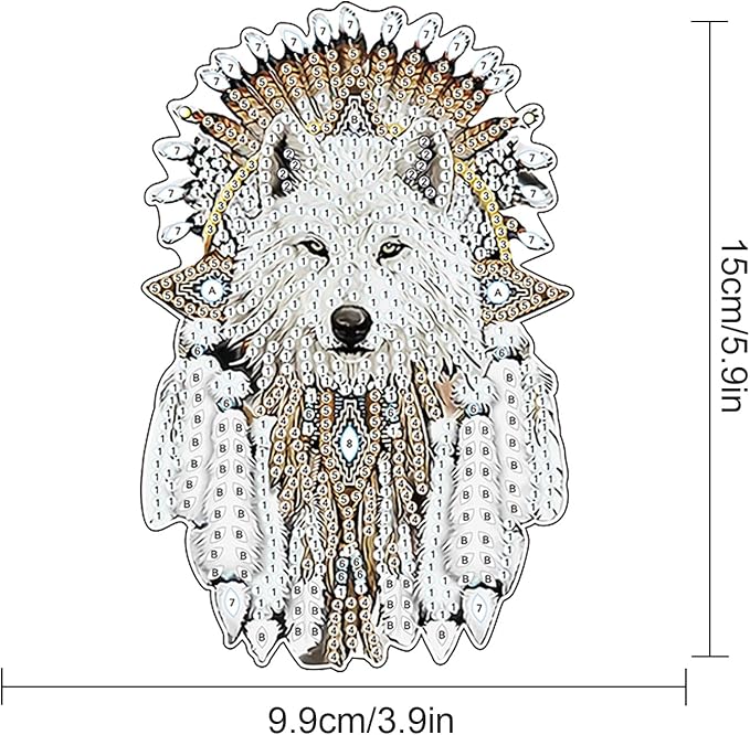 AiYuanzsh White Wolf Diamond Painting Hanging Ornament – DIY 5D Crystal Art Kit with Feathers, Tribal Totem Style Diamond Art Pendant Ornament Wall or Window Decoration for Adults