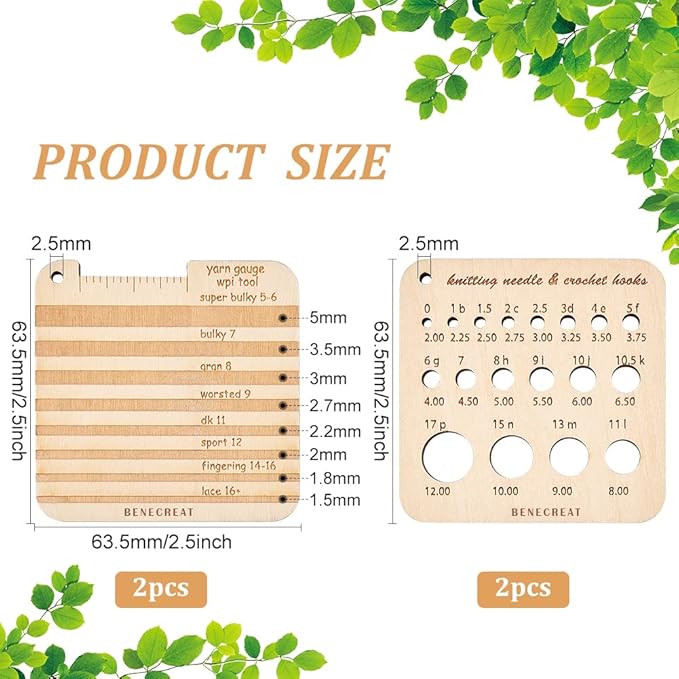 BENECREAT 4Pcs Wood Knitting Gauge Rulers, 2 Style Square Knitting Tool Crochet Hook and Knitting Needle Gauge, 2.5x2.5x0.2inch