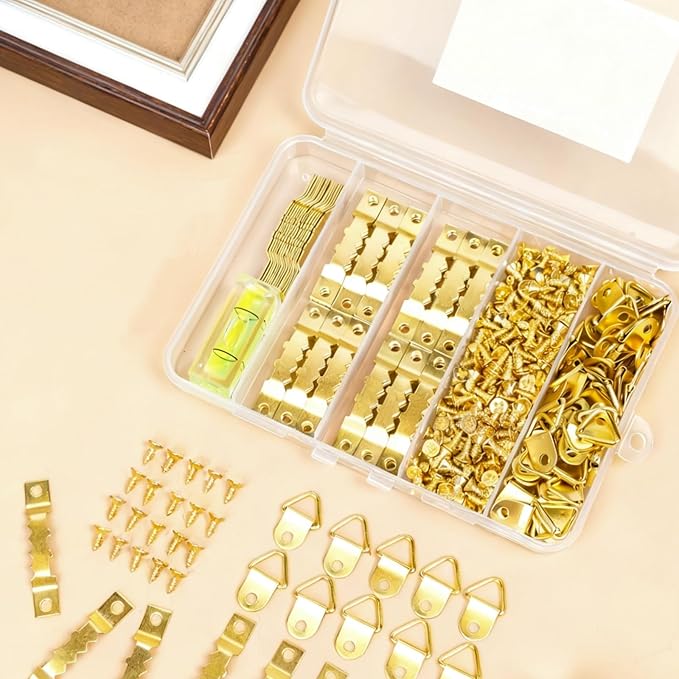 251Pcs Picture Hanging Kit, Include 50 Sawtooth Picture Hangers, 50 D Rings, 150 Screws and Bubble Level, Heavy Duty Picture Frame Hanging Hardware for Wall Artworks Frame Canvas Mounting