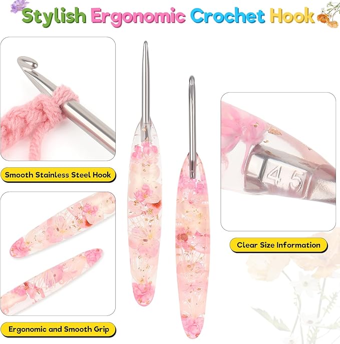 Katech 4.5mm Crochet Hook for Arthritic Hands, Hand-Polished Stainless Steel Ergonomic Crochet Hooks with Customized Sparkle Dried Floral Grip, Soft Tapered Hook-Crochet Gift for Beginner & Crocheter