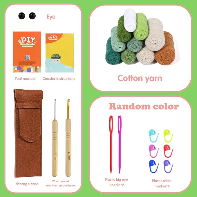 FTEVEN Crochet Kit for Beginners, 6PCS Coasters Crochet Starter Kit Plant Pot, Knitting Supplies Kit with Step-by-Step Video Tutorials, Crochet Yarn for Adults DIY Present
