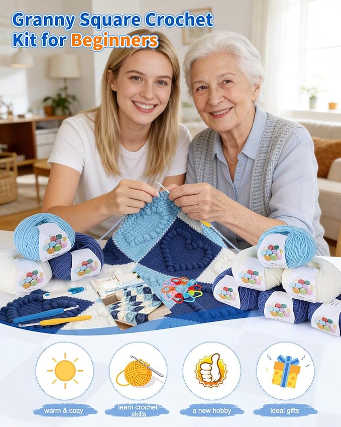 Coopay Crochet Blanket Kit for Beginners - 3D Love Granny Square Crochet Kit with Step-by-Step Video & Enough Yarns, Easy Bobble Blanket Crochet Kits for Adults, Ideal Gift for Craft Lovers (Blue)