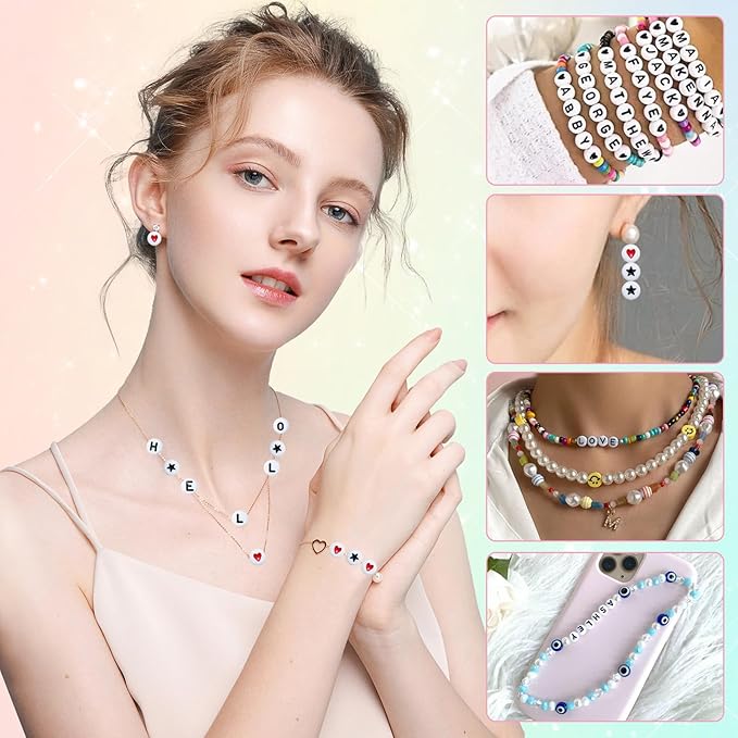 Amaney 1500 Pieces 4x7mm White Round Acrylic Alphabet Letter Beads A-Z Number Beads Star Beads Heart Beads and Crystal Line for Jewelry Making