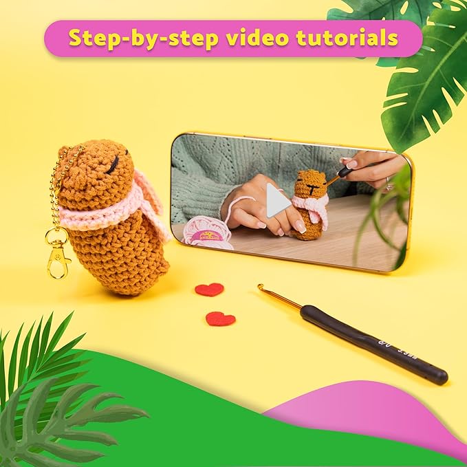 Berstuk Peachy & Plum – Snuggly Capybara Crochet Kit for Beginners – Easy Amigurumi Animal Kit with Yarn, Hook, Keychains & Step-by-Step Tutorials – Adorable DIY Gift for Teens & Adults