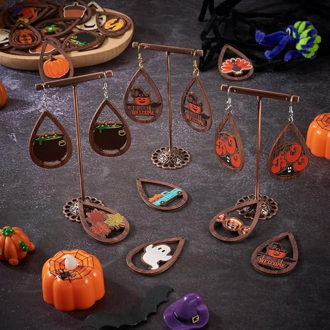 32pcs Halloween Teardrop Wooden Earring Charms Big Hollow Wood Cutouts with Pumpkin & Ghost & Witch Printed for Necklace Keychain DIY Jewelry Craft Making