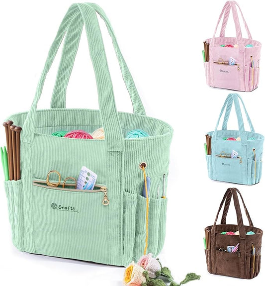 Corduroy Crochet Bag 11.5" Large Yarn Storage Tote with Grommets, Needle Holders – Knitting Bag Organizer for Crochet Hooks, Accessories, Tools & Projects –Gift for Knitters & Crafters