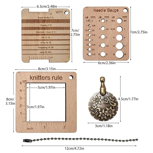 3 Pcs Wood Knitting Guage Rulers with Yarn Cutter, 3 Style Square Knitting Tool, Crochet Hook & Knitting Needle Gauge & Knitting Rule, Sewing Rulers for Art Sewing Knitting Crafts
