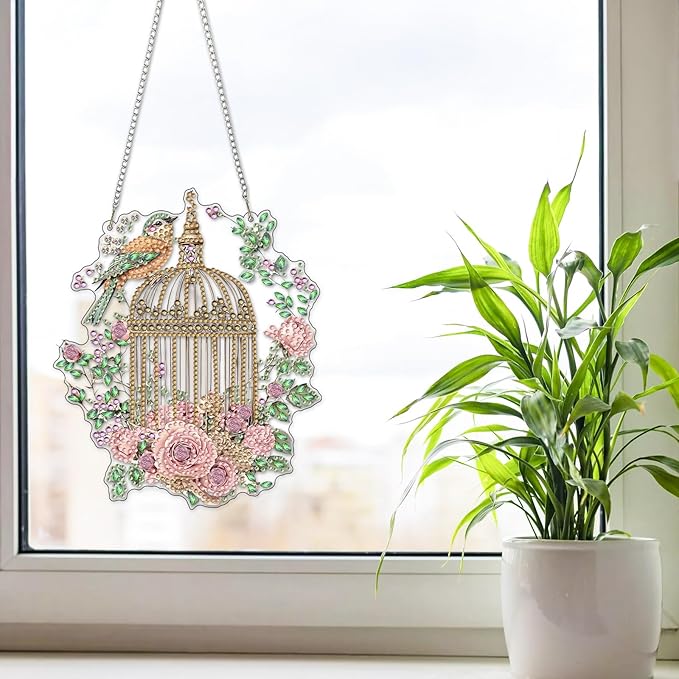 NAIMOER Diamond Art Hanging Kits for Adults, Flower Birdcage Diamond Art Suncatchers, 5D Special Shape Fall Diamond Painting Pendant Window Ornament Gifts for Home Garden Door Wall Decor