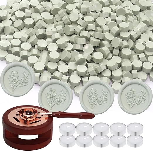 Wax Seal Beads Kit - 300pcs Sage Green Sealing Wax Beads with Wood Melting Warmer, Spoon & 10 Mini Candles for Stamp Seals, Wedding Invitation, Envelope, Cards, Gift Wrapping Decorations