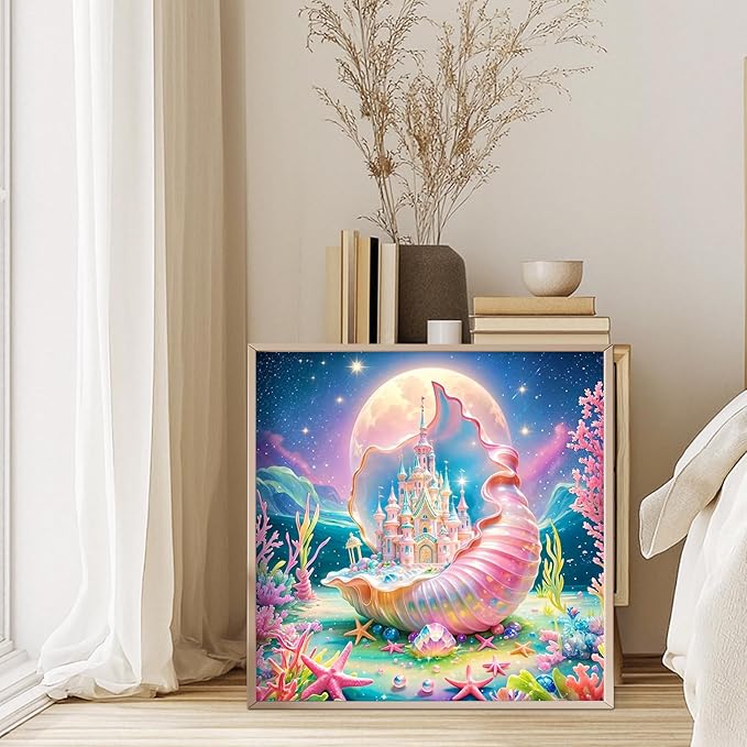 GEEHEIY Castle Diamond Art Kits for Adults, 5D Sea Shells Diamond Painting Kits for Beginner, DIY Full Drill Round Gem Art for Home Wall Decor 14 x14 Inch