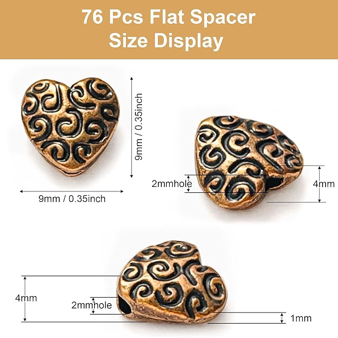 Copper Heart Flat Bead Jewelry 76Pcs Spacer Beads Kit Jewelry Findings Beading Assortment DIY Accessories for Bracelet Necklace Jewelry Making 9mm