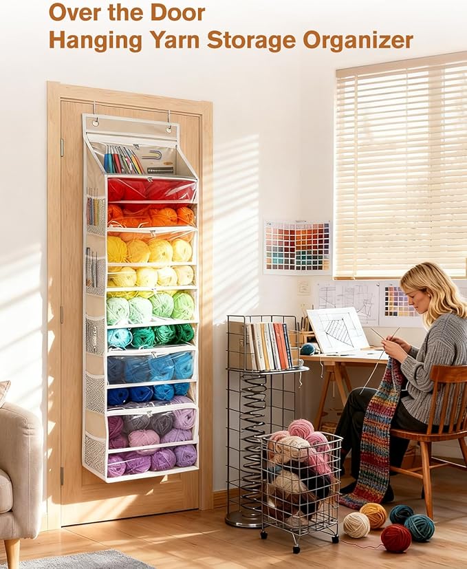 Hanging Yarn Storage Organizer, Large Capacity Over the Door Yarn Organizer with 6 Clear Zipper Pockets 10 Mesh Side Bags, Hanging Yarn Holder Knitting Storage Bag for Crochet Hooks, Beige