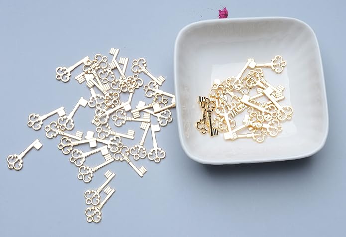 50 Pcs Keys Pendants Beading Supplies Vintage Metal Mini Key Charms for DIY Jewelry Making Kit Handmade Necklace Bracelet Key Ring Chain Earring Party Decoration
