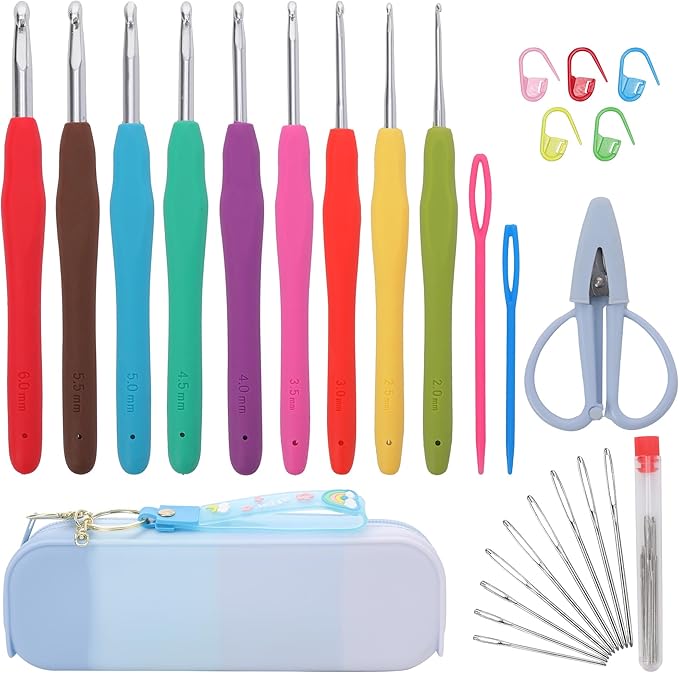 Crochetbox Crochet Hooks Set, 9 Size 2mm(B)-6mm(J) Ergonomic Handles Crochet Hooks with Case for Arthritic Hands, Kintting Needle with Crocheting Tool for Crocheters