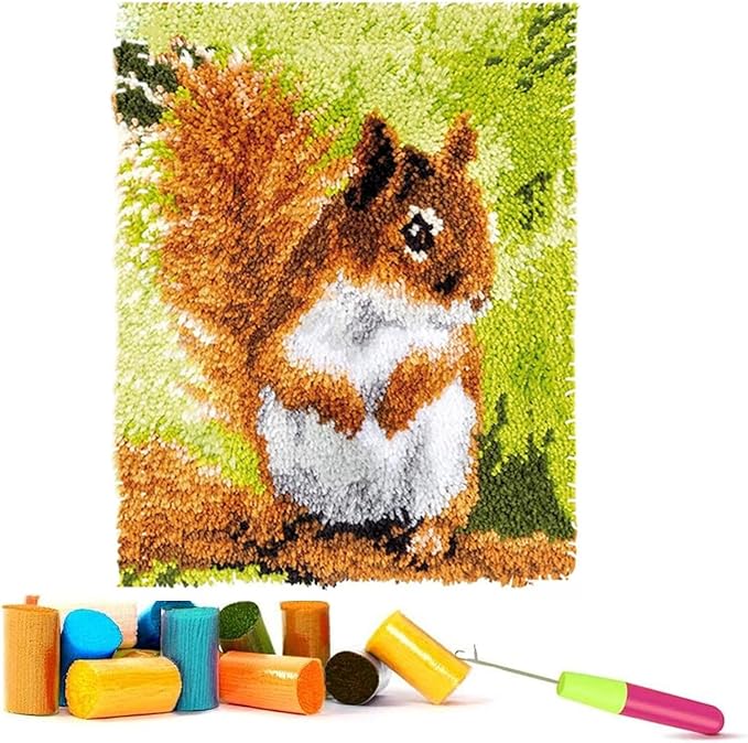 EMISTEM DIY Latch Hook Rug Kits, Gift Packaging Crochet Tapestry Yarn Kits, Pre-Printed Canvas, Needlework Unfinished Crocheting Mat Yarn Embroidery Carpet Set, (Cute Squirrel,20x15)