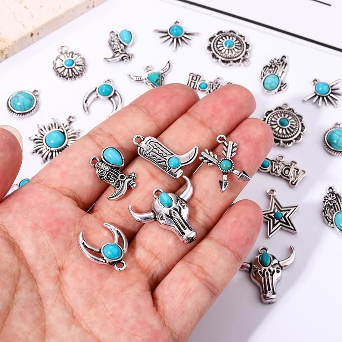 NVENF 32PCS Western Charms for Jewelry Making, Synthetic Turquoise Vintage Cactus Heart Flower Lightning Cowboy Boot Pendant for Bracelet Necklace Earring DIY Crafts