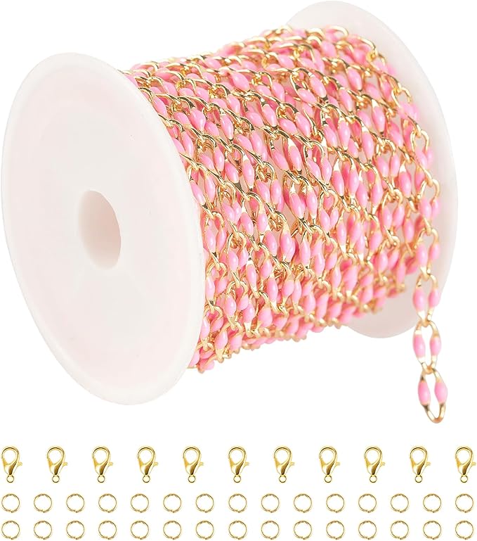 Pink Enamel Chain for Jewelry Making, 2 Meters Gold Plated Brass Cable Link Chain Roll with 30pcs Jump Rings and 10pcs Lobster Clasps