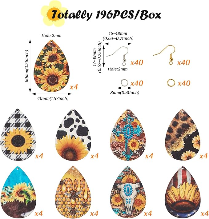 Beadthoven 18 Pairs DIY Sunflower Printed Wood Dangle Earring Making Kit Vintage Rustic Summer Flower Wood Pendants Teardrop Charms Hanging Ornaments Earring Hooks Jump Rings for Jewelry Making Adult
