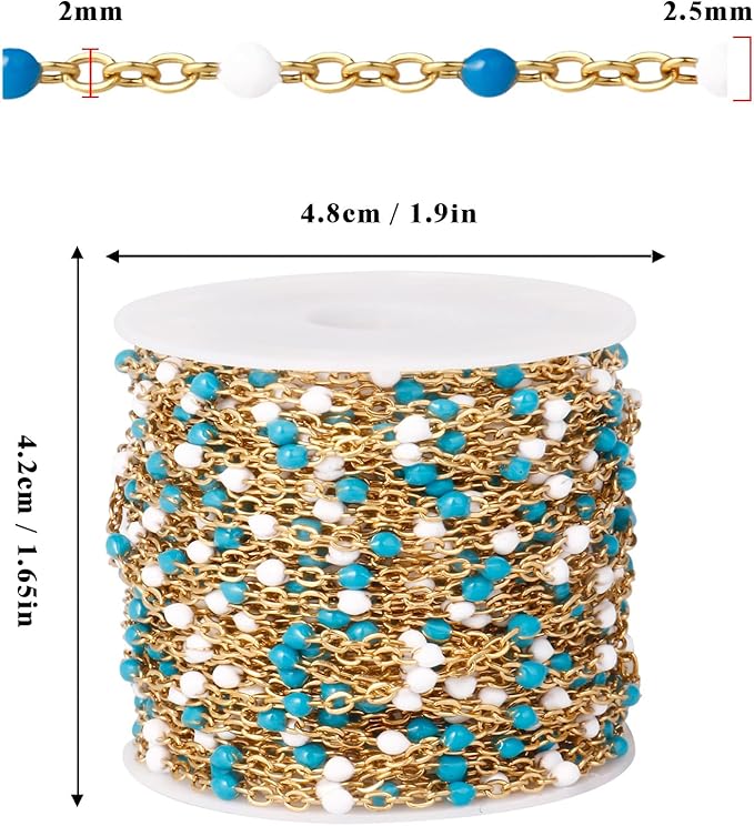 33 Feet Gold Enamel Chains Bulk, 2mm 18K Gold PVD Plated 304 Stainless Steel Blue White Enamel Beaded Cable Link Chain Roll Spool for Jewelry Making