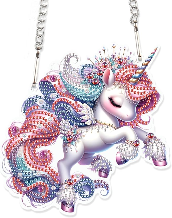 Unicorn Diamond Painting Hanging Kit, DIY 5D Acrylic Diamond Art Pendant with Special Shaped Rhinestones, Colorful Unicorn Ornament for Wall, Door, or Garden Decoration, Handmade Gift for Adults