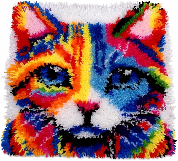 veirousa Colorful Cat Latch Hook Kits for Adults Beginners, Cute Animals Latch Hook Pillow Kit Pre-Printed Latch Hook Rug Kits Cross-Stitch Embroidery Cushion for Home Sofa Decoration 17x17 in.