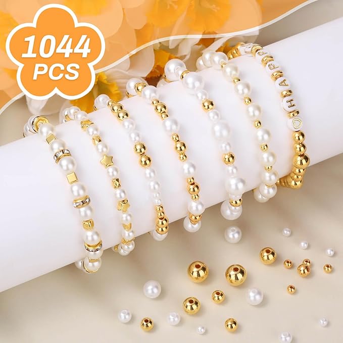 Audab Pearl Beads for Jewelry Making, 1048 Pieces Round and Gold Pearl Beads for Bracelet Making, 5 Sizes