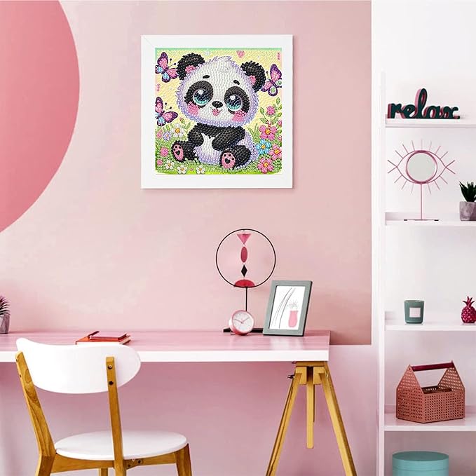 Panda Diamond Art Painting Kits for Kids with Frame, Panda Diamond Art for Kids Ages 4-8-12 with Frame, Easy Small Cute Animal Gem Painting Kit for Gift Home Wall Decoration (7x7 inch)