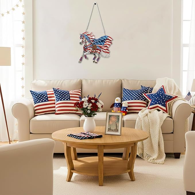 CEOVR 4th of July Hanging Diamond Art for Adults, American Flag Horse Diamond Painting Pendant DIY Gem Art Wall Hanging Ornament, Acrylic Home Garden Decor with Chain, Box Kit 7.78×7.14inch
