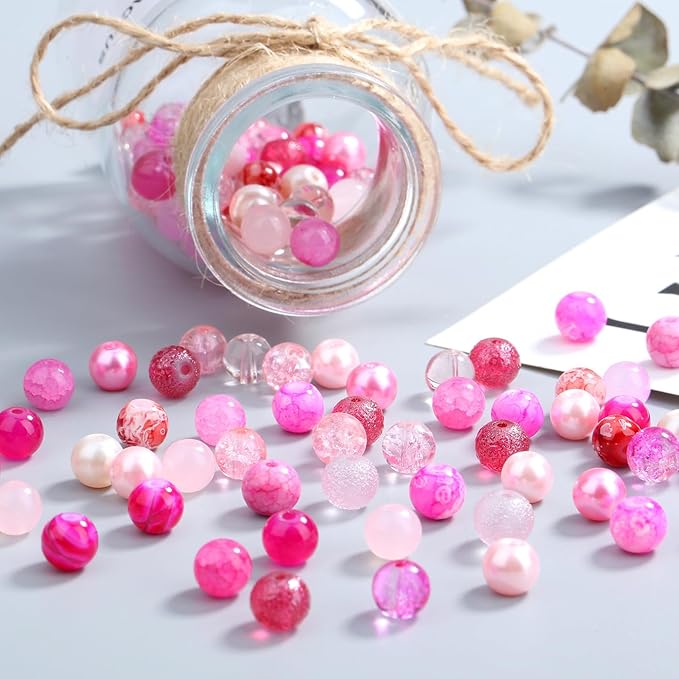 DUQGUHO 8mm Pink Beads for Jewelry Making Pink Glass Beads for Crafts Rose Glass Round Bead for Bracelets, Necklaces & DIY Crafts 360PCS