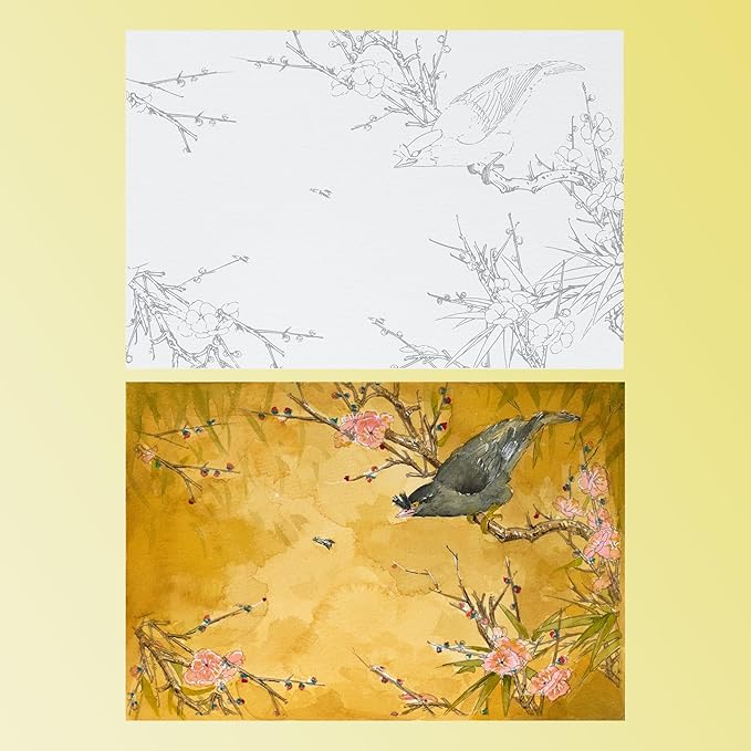 Lightwish Watercolor Coloring Book for Adults & Beginners,100% Cotton 300gsm/140lb Acid-Free Cold Press Paper, 8.3 x 5.6 Inches,15 Sheets,Bird-Themed