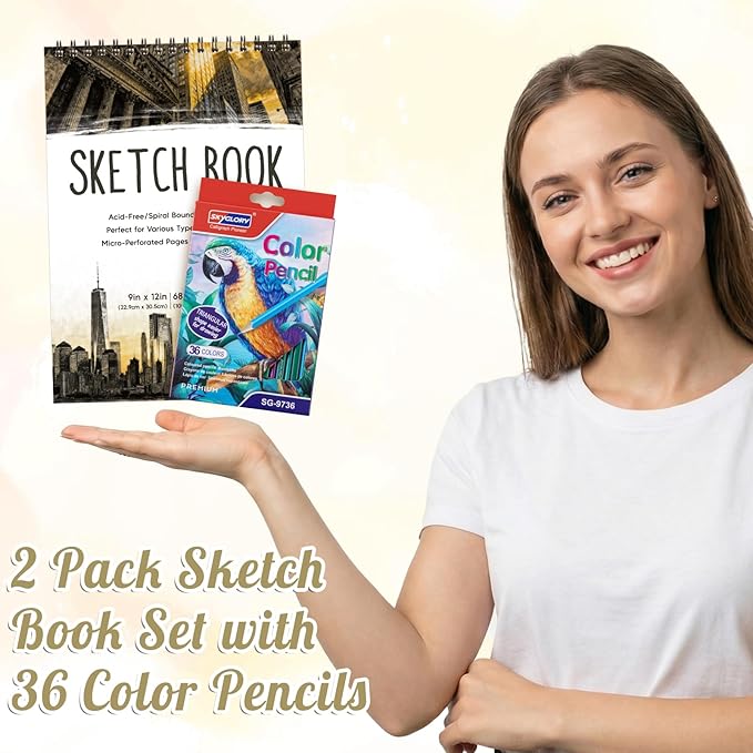 2 Pack Sketch Book with 36 Color Pencil Set, Spiral Sketchbook for Drawing (68lb/100gsm), Acid-Free Sketch Pad for Artist(9×12 inch), Art Paper Drawing Supplies for Gifts (City Style)