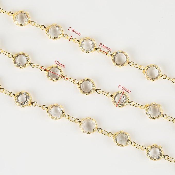 UMAOKANG 3 Yard 18K Gold Plated Brass Chain for Jewelry Making Clear Crystal Jewelry Chain Roll with Jump Rings and Lobster Clasps