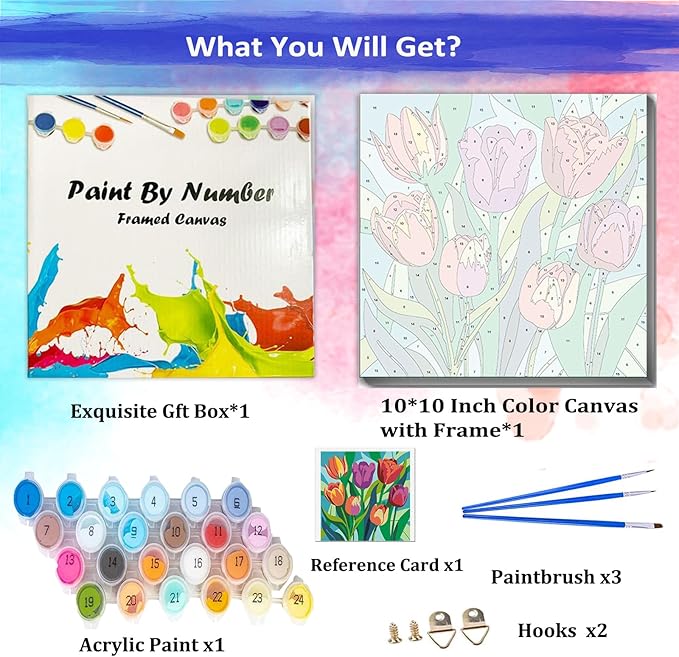 JUJUHOOD Tulip Flower Framed Paint by Numbers Kit for Adults Beginner & Kids Ages 8-12, Easy Paint by Number Without Easel, Simple Paint by Numbers for Gift Home Wall Decor (10x10Inch)