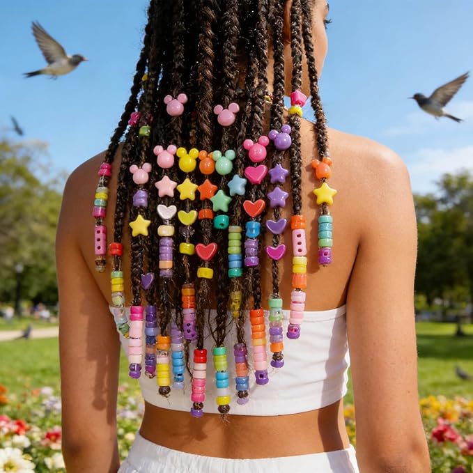 Wavlakth 1460 Pcs Hair Braid Bead Kit, Acrylic Heart Star Pony Bead Mouse Head Pastel Beads with Elastic Bands Salon-Grade Braiding & Jewelry Making Supplies for Professional Stylists & DIY Crafters