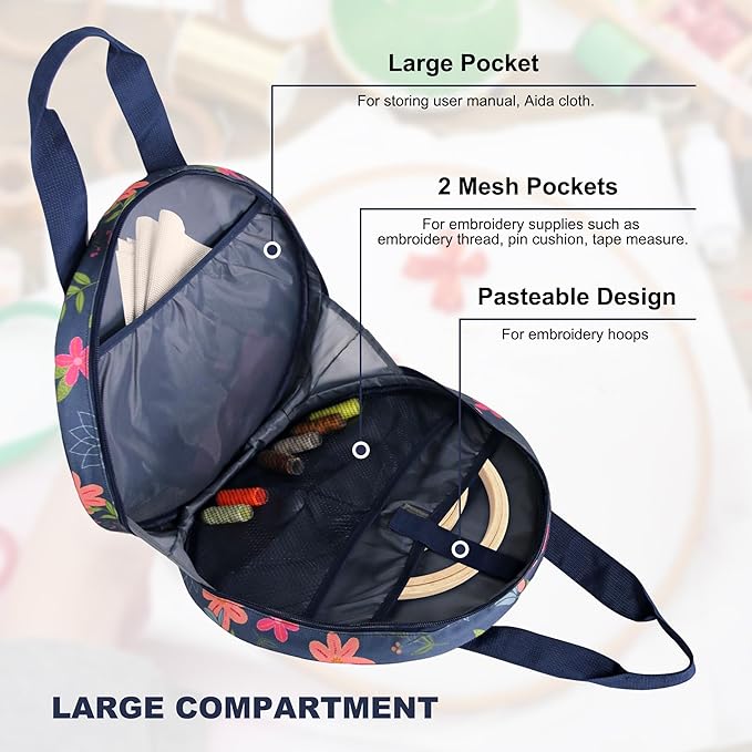 Floral Embroidery Project Bag, 13x13x3 Inch Round Cross Stitch Storage Bag, Portable Embroidery Organizer for Hoops Floss Thread Knitting Tools, Craft Gift for DIY Enthusiasts (Blue)