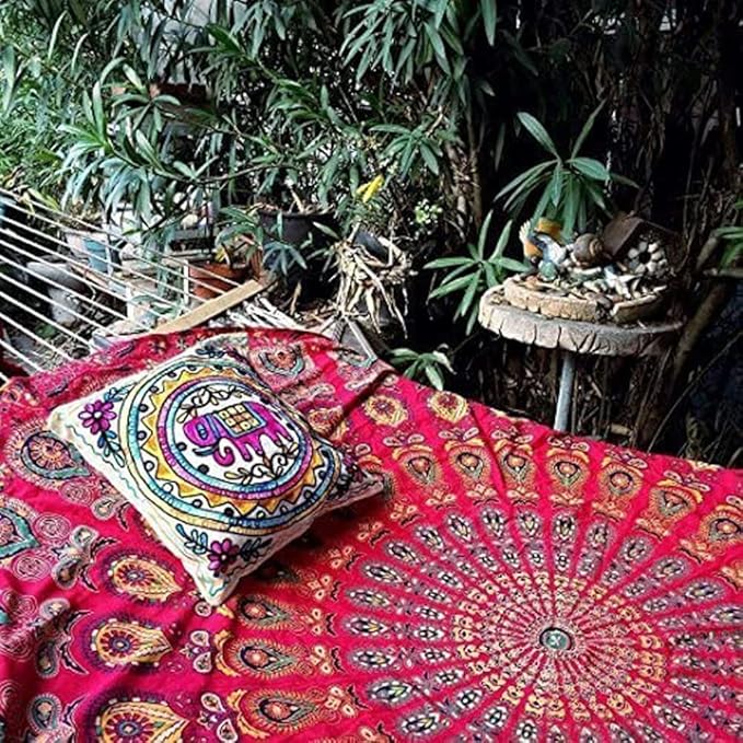 bless international handmade indian hippie bohemian psychedelic peacock mandala wall hanging college dorm beach throws table cloth bedding tapestry (golden red, king(88x104inches)(225x265cms))
