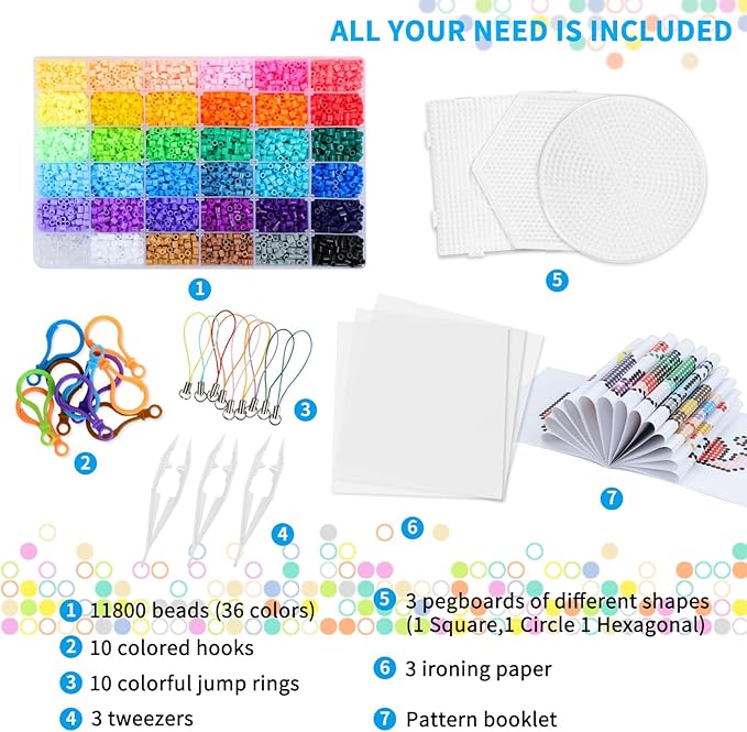 Quefe 11800pcs Fuse Beads Craft Kit, 36 Colors 5mm Beads, Melting Beads Set for Girls, Including Pegboards, Ironing Paper, Tweezers, Great Gift for Birthday