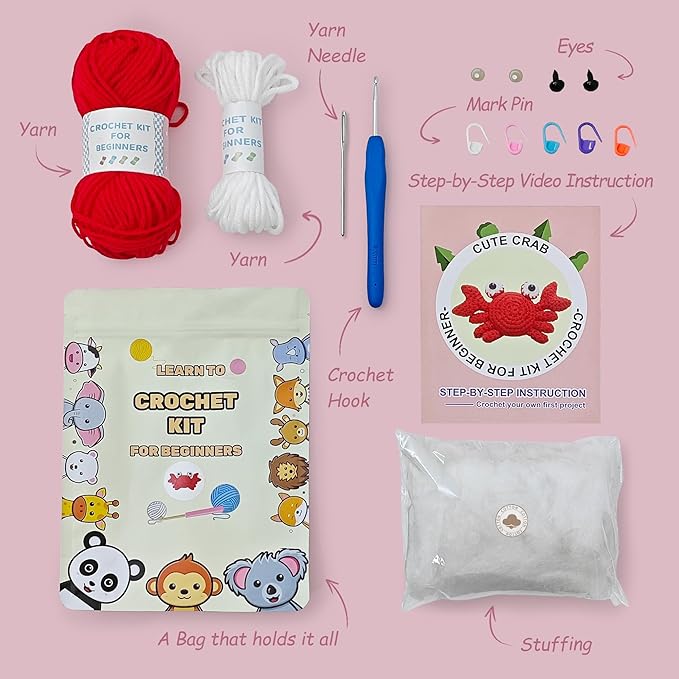 Kovarela Beginners Crochet Kit with Simple Crochet Yarn - with Step-by-Step Video Tutorials (Crab)