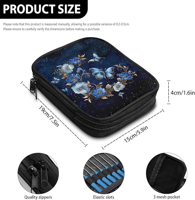 Hechitok Butterfly Flower Crochet Hook Case Without Hooks and Accessories Zipper Storage Organizer Bag with Web Pockets for Various Crochet Needles Accessories Crochet Hook Kit Tools