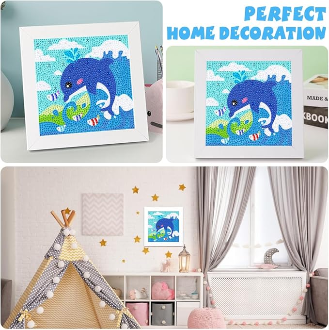 QEUOYSS Diamond Art Kit for Kids with Wooden Frame Art and Crafts for Kids Ages 6-8 -10-12 Easy to DIY Diamond Art for Kid and Adult Beginners Home Wall Decoration (Dolphin)